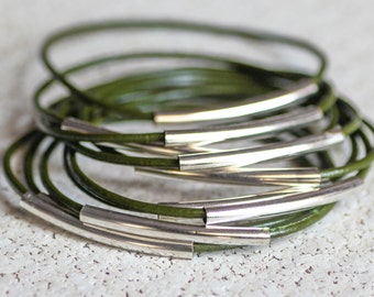 Kaki leather bangles, set of 10 bracelets