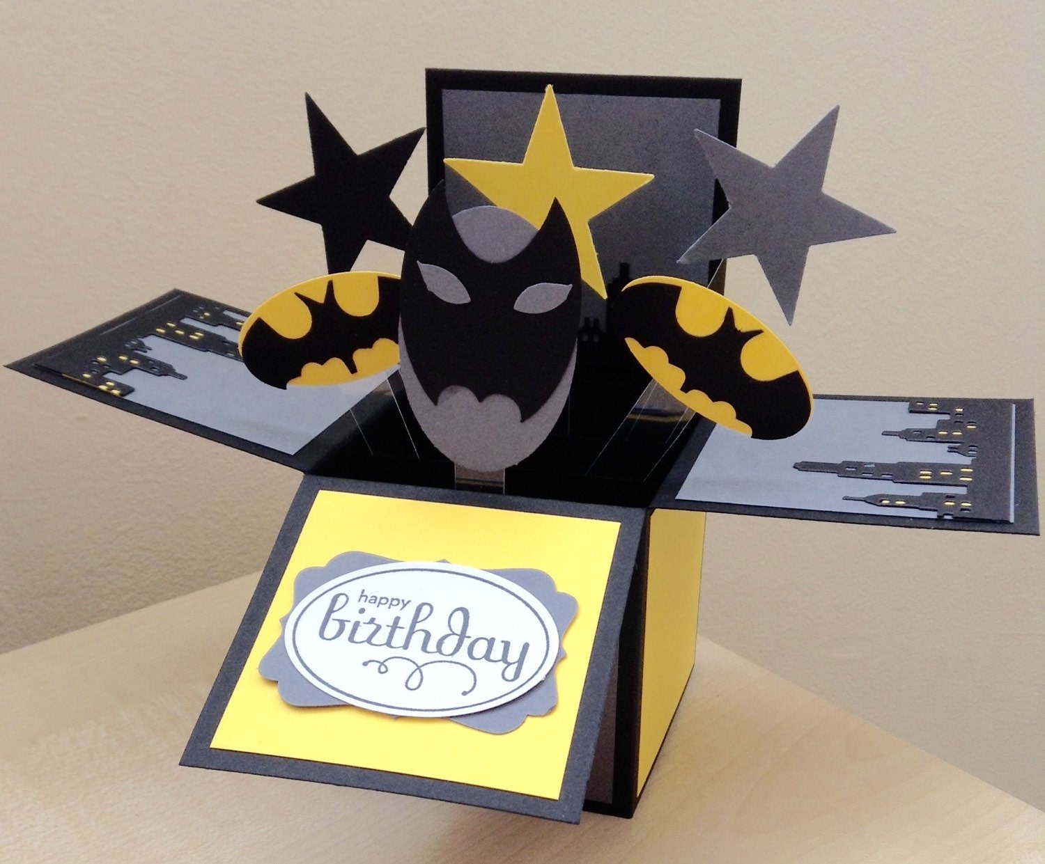 Handmade Card in a box batman themed by induscraftcreations