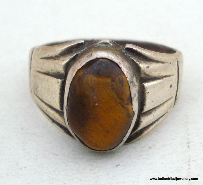 antique tribal old silver tiger eye gemstone ring