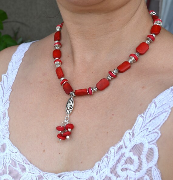 Red Necklace Wood Beads Red Wood Silver Necklace by LKArtChic
