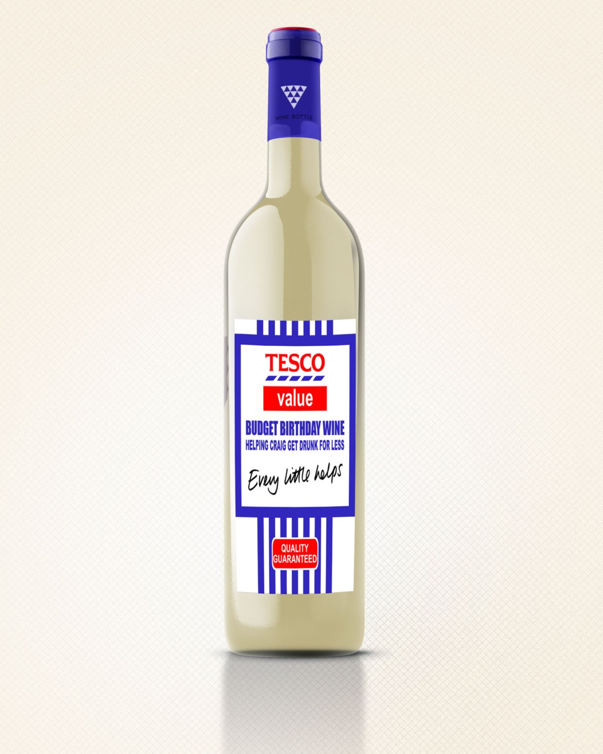 Personalized Tesco Value Budget wine bottle label by Lovelyvinyls