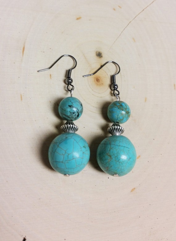 Turquoise-Blue Dangling Ball Earrings by StephsHandsToYours