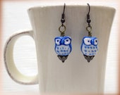 Free shipping - Owl earrings. Dangle earrings. Blue earrings. Beaded dangle earrings. Antique gold earrings Earrings dangle -didagai jewelry