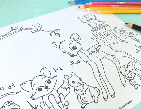 Download Printable WOODLAND CRITTERS Coloring Page Digital File