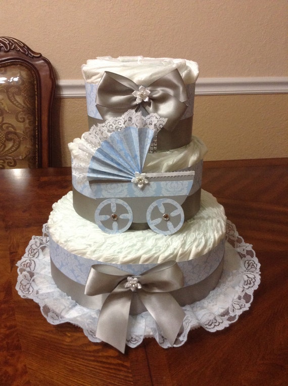 2 decorations thing baby thing 1 shower Cake/ Boy 3 Cake/ Tier Blue Elegant Diaper and Gray Diaper