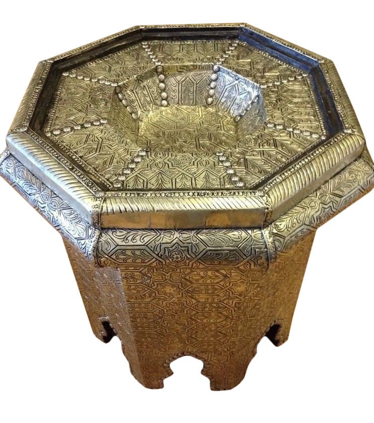 Moroccan Octagonal End Table Silver Metal Camel Bone ...