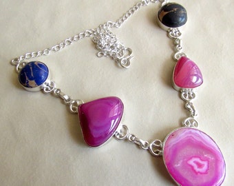 Pink Agate Necklace, Multi Color Jasper Statement Necklace, Gemstone Necklace, Bib Necklace, Silver Necklace, Stone Necklace