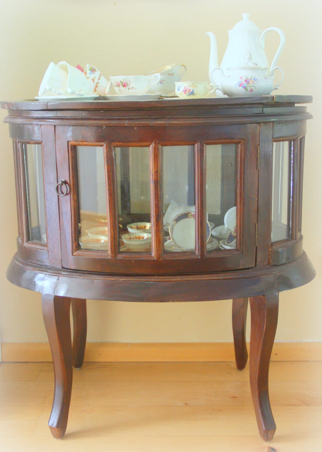 Vintage Tea Teak Wood, Glass, Two Doors, Loose Serving Tray