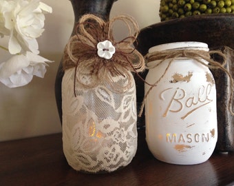 Shabby Chic Mason Jars. Wedding Centerpieces. Lace Candle holder. Distressed white candle holder. Vases. Engagement Party. Home/Patio Decor.