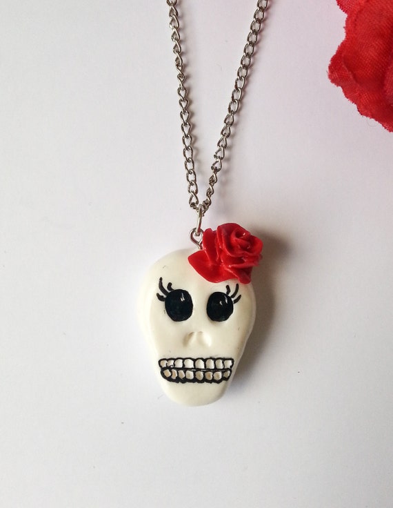 Handmade Sugar Skull Polymer Clay necklace by DeadMamas on Etsy