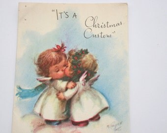 Vintage Marjorie Cooper Christmas Card, Cute Angels Kissing, 1950s 50s USED old Card, Scrapbooking