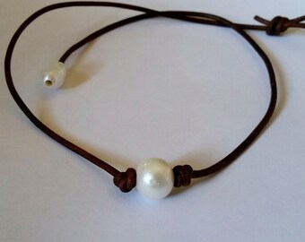 Seaside Original Freshwater Pearl on AA Leather Choker/Necklace 17"