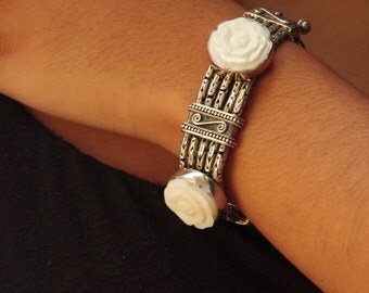 Bali Bracelet,Silver Bali Bracelet,Flower Bali Bracelet,925 Bali Bracelet,Wide Bali Bracelet,Vintage Bali Bracelet,Carved Bone Bracelet