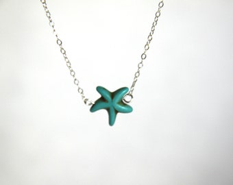 Turquoise Starfish Pendant Silver Necklace Boho Pendant Beach Wedding Bridal Something Blue Bridesmaid Jewelry Gifts Under 20 Gifts for Her