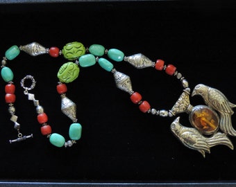Amazing turquoise, coral, Amber and Nepalese Silver Necklace