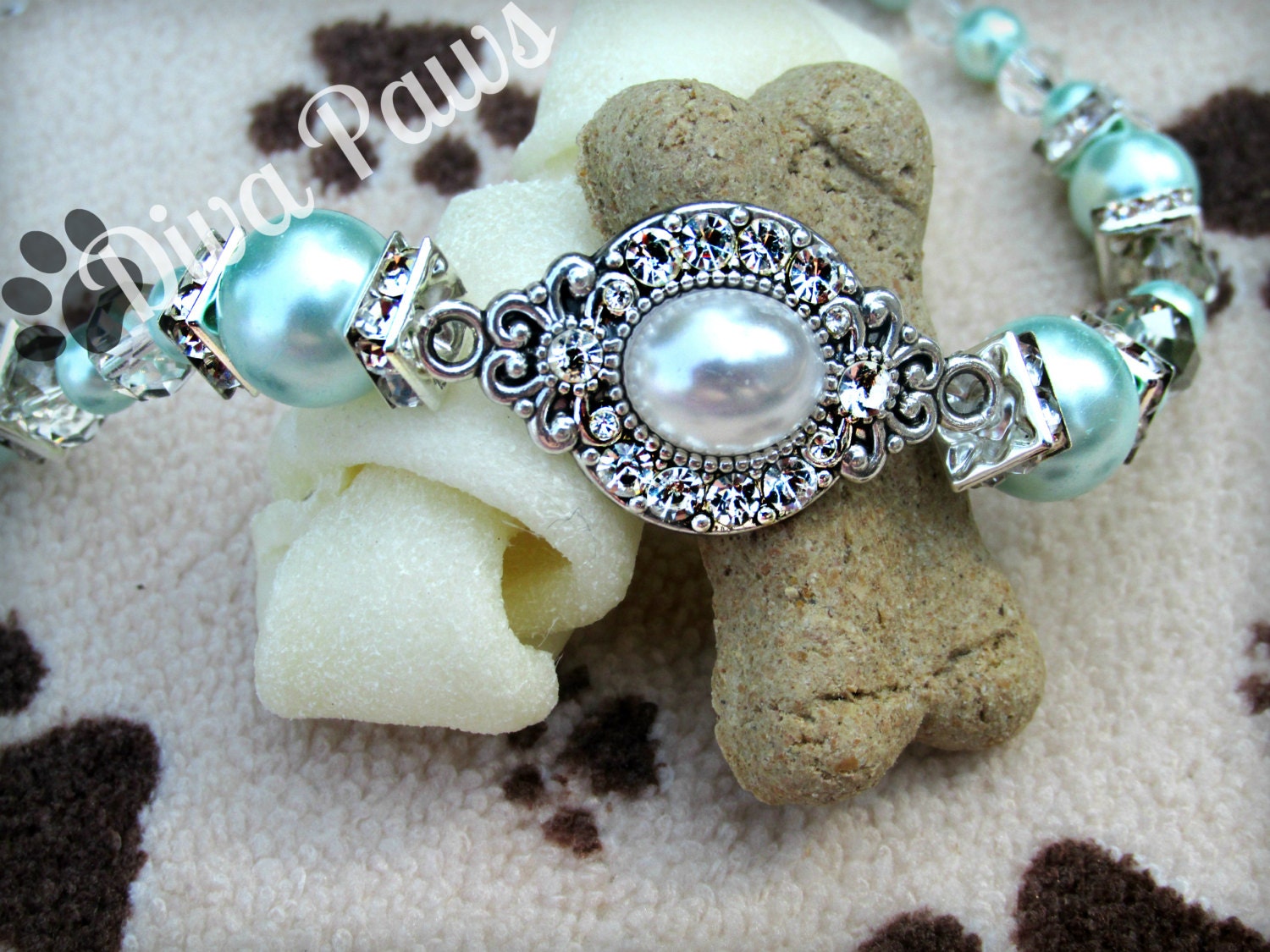 Blue Pearl Dog Collar Pet Necklace Rhinestone Dog Jewelry