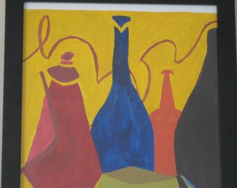 Still Life With Bottles, acrylic on paper, framed
