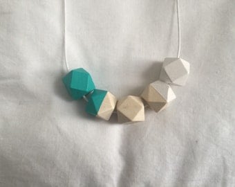 Wooden bead necklace // Geometric wooden bead necklace // turquiose and white // hand painted