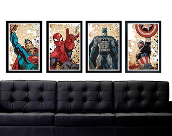 Superhero poster set, Superman, Batman, Captain America, Spiderman, minimalistic poster series, 11"x17"