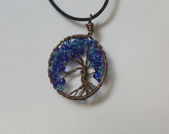 Blue Wire Wrapped Tree of Life Pendant