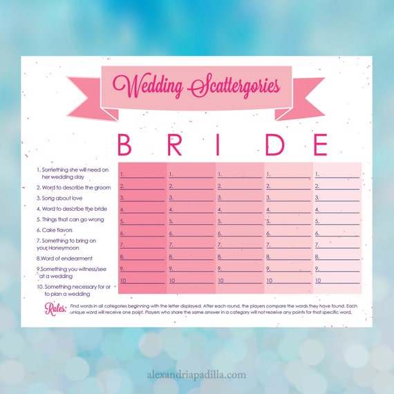 Bridal Scattergories 8 5x11 Printable Bridal