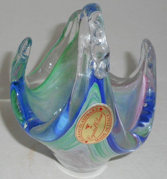 Vintage Murano Glass Swan Dish Italy Crystal Clear Blue Green