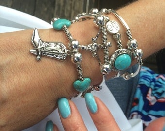 Cowboy Boot Western Bracelet - Cowboy / Cowgirl Bracelet - Western Jewelry - Turquoise Jewelry - Silver Tone Multistrand Faux Turquoise