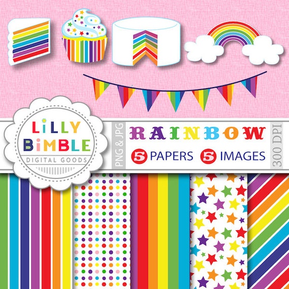 80% off Rainbow party clipart cupcake, cake, bunting for cards, invites. Commercial USE digital papers and clipart INSTANT DOWNLOAD Il_570xn