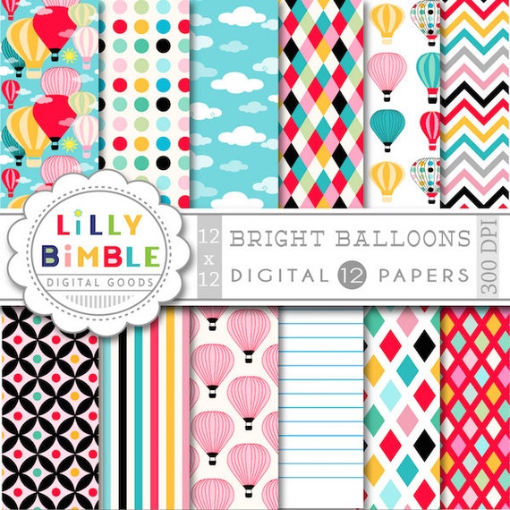50% off Hot Air Balloons digital papers Balloons bright colors birthday invites, cardmaking, scrapbooking Instant Download Il_570xn