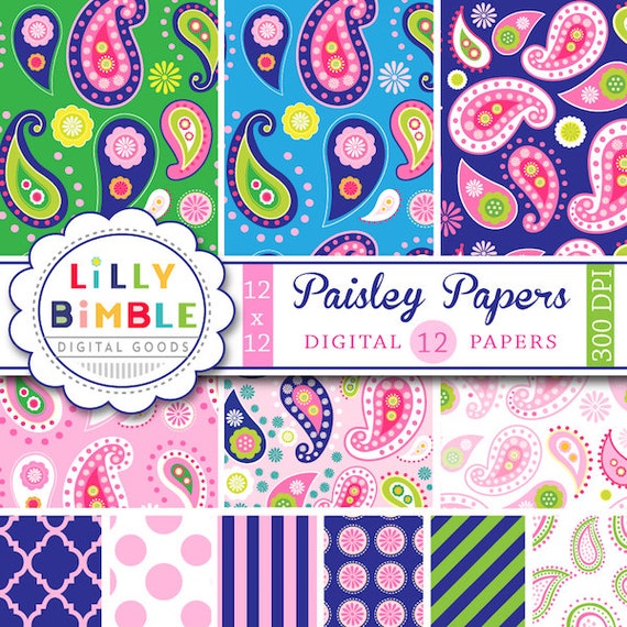 40% off Paisley Digital scrapbook papers in pink, navy blue, green and hot pink. modern scrapbooking DIGITAL DOWNLOAD Il_570xn