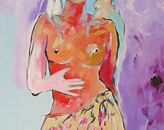 Giclee Print of Original Abstract Female Nude Painting Bright Bold Figurative Portrait Made To Order Large Fine Art Print by Linda Monfort