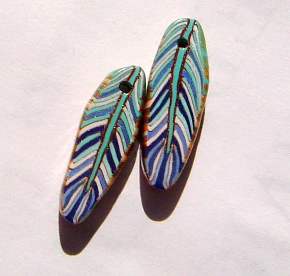 Unique  Blue Turquoise Feather Handmade Artisan Polymer Clay Beads