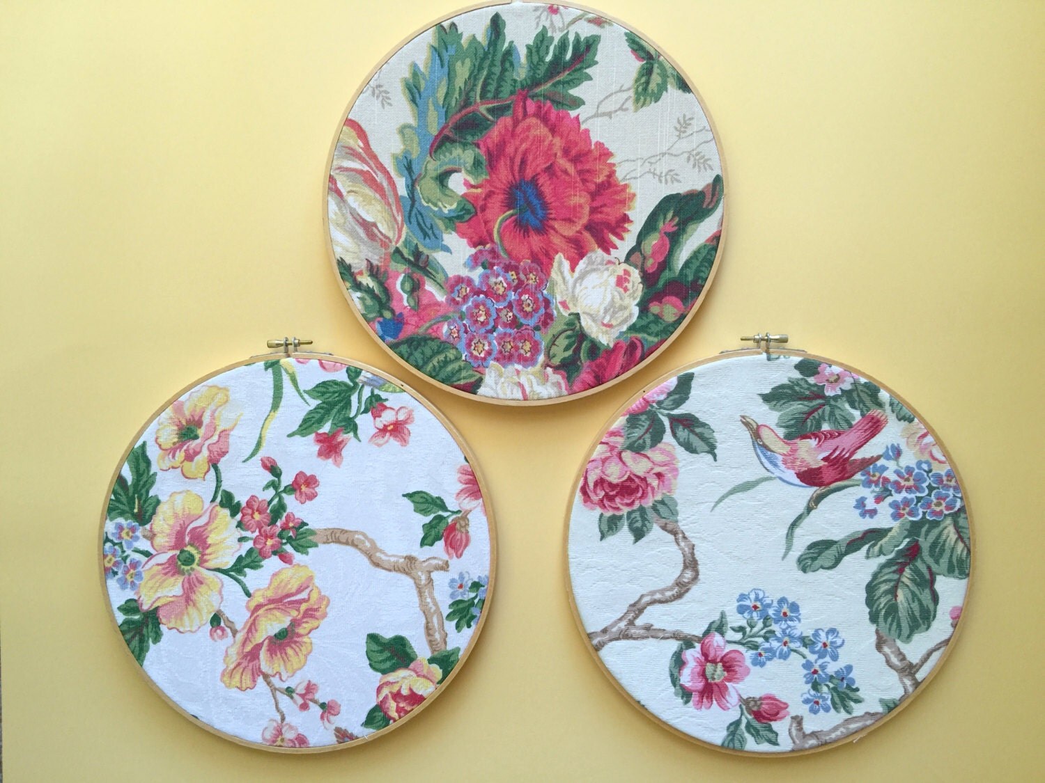 Large Embroidery Hoop Art Set of 5 Floral Decorator Fabric
