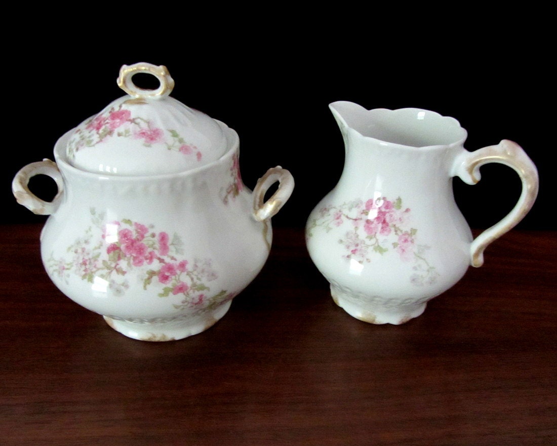 1940s CH Field Haviland Limoges Floral Sugar Bowl and Creamer