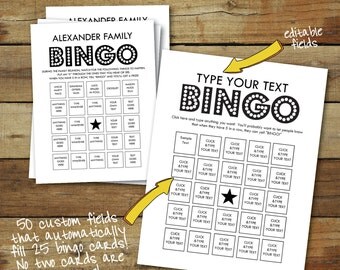 Bingo Cards - Custom Bingo Cards - type your own text - cards fill automatically - 25 unique bingo cards - instant download pdf - bingo game