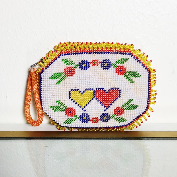 Vintage Beaded Coin Purse with Hearts Flowers