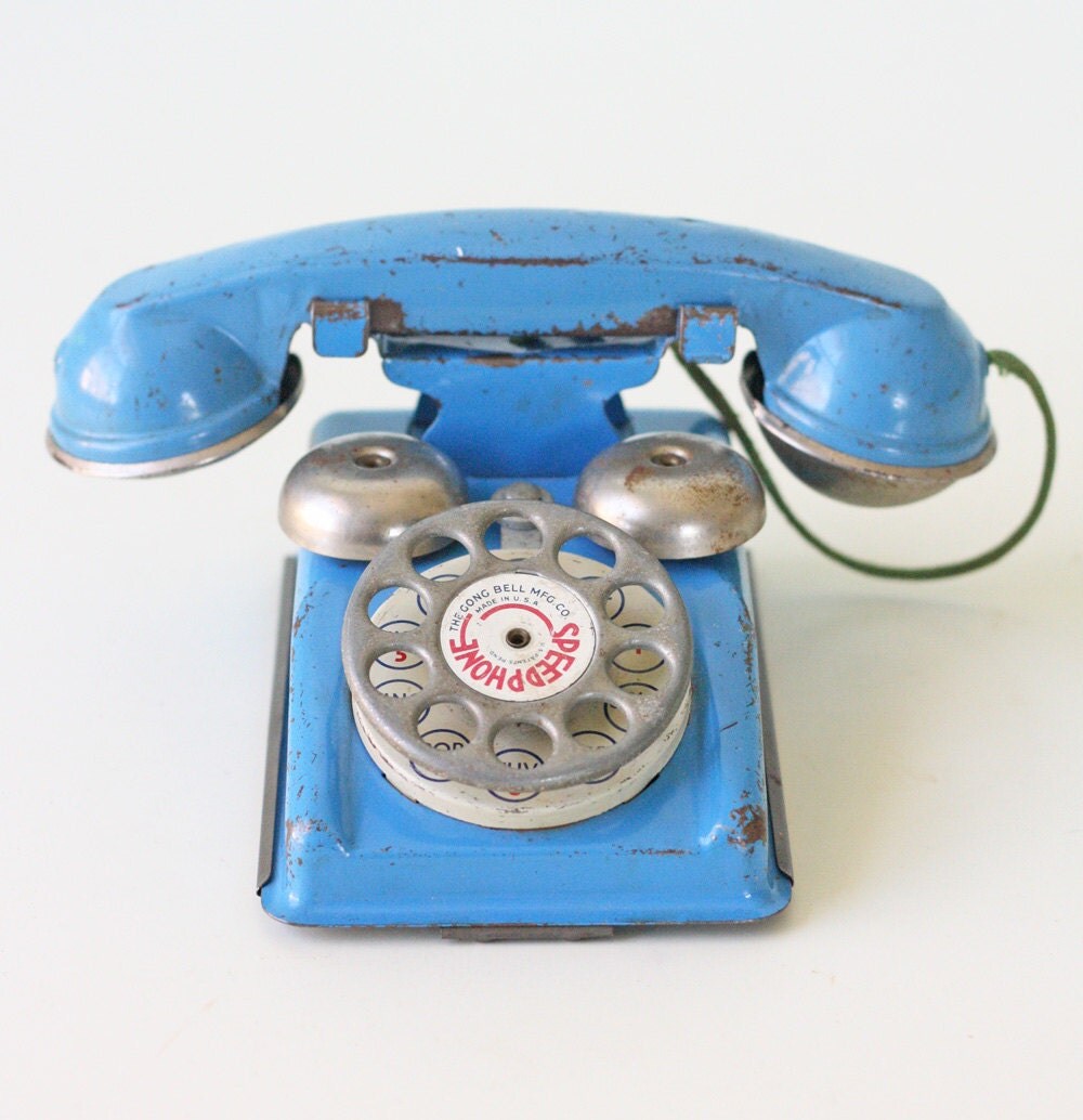 Vintage Toy Phone Tin Blue Speed Phone Gong Bell
