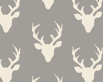 Hello Bear fabric, Deer Fabric by Bonnie Christine for Art Gallery, Gray fabric, Woodland Creatures, Antler fabric- Buck Forest in Mist