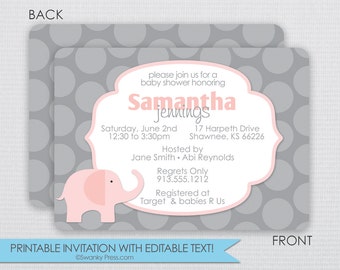 Elephant Baby Shower Invitation - Pink and Grey - Instant Download & Editable File - Personalize at home with Adobe Reader