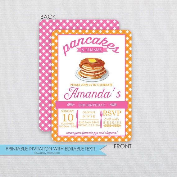 Pancakes And Pajamas Birthday Diy Invitation Pink Instant Download Editable File Pancakes And Pajamas Invitation Template
