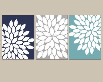 Navy Gray Teal Wall Art, Bedroom Kitchen Wall Art, CANVAS or Prints Bathroom Artwork, Flower Wall Art, Flower Burst Dahlia Set of 3