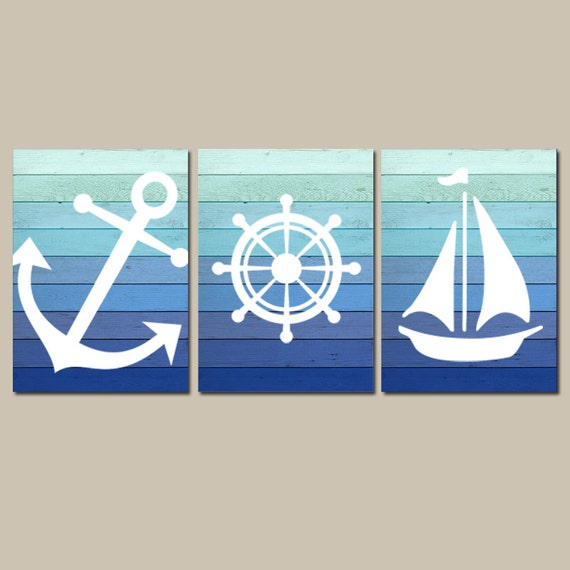 Nautical Wall Art CANVAS or Prints Blue Ombre Wood by TRMdesign