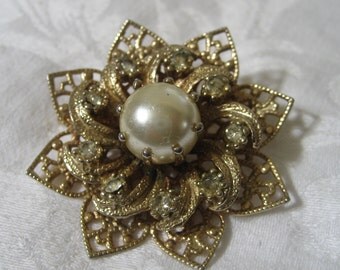 Vintage Rhinestone & Faux Pearl Pierced Metal Flower Costume Jewelry Brooch