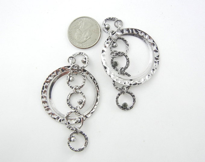 Pair of Circle Drop Charms Antique Silver-tone Gray Rhinestones