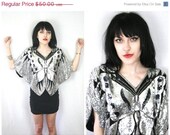 25% SALE 70s Sequined Butterfly Blouse / Vintage Sparkly Silver Metallic Disco Glam Rock Shirt Top / Size S/M Small Medium