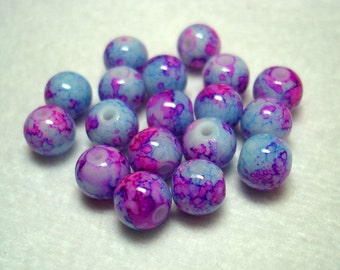 Light Blue with Purple Splashed Glass Round Beads (Qty 18) - B2814