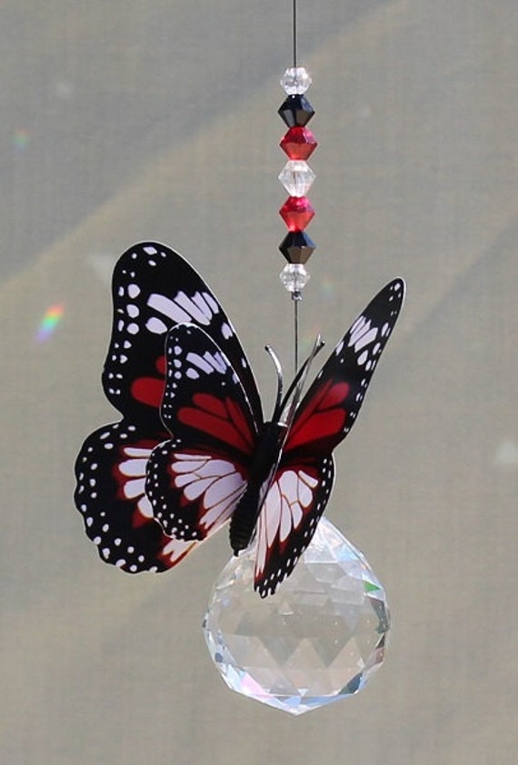 3D Butterfly Suncatcher 30mm Crystal Sphere Red by CatchingAngels