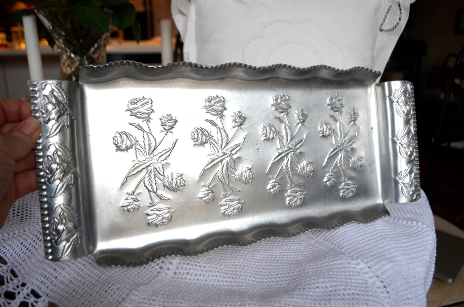 Vintage Aluminum Tray Embossed Roses Scalloped Edges Shabby
