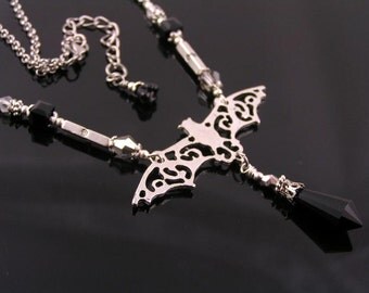 Bat Necklace with Black Crystal Drop, Bat Jewelry, Gothic Jewelry, Bat Charm Necklace, Black and Silver Crystal Necklace, Gothic Necklace