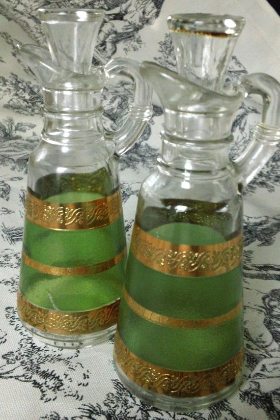 Vintage Oil & Vinegar Glass Serving Set Green and Gold